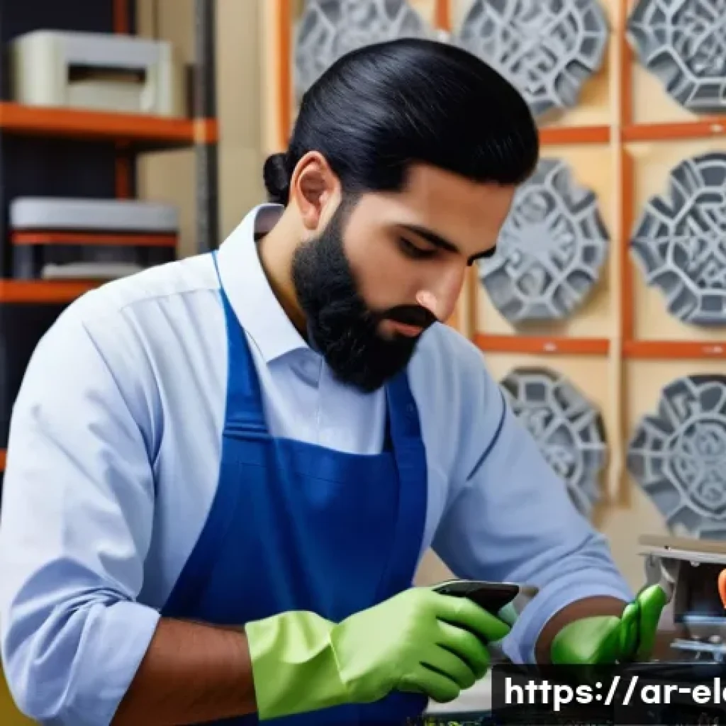 전자기기 자격증 취득 후 진로 - A skilled electronic repair technician in a modern Middle Eastern electronics repair workshop, weari...