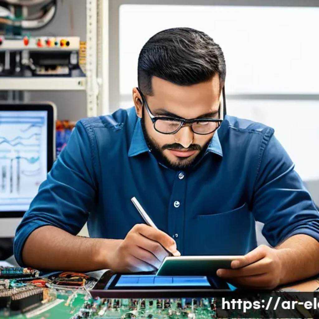 전자기기 취업 시 유리한 스킬 - A detailed workspace scene of a Middle Eastern electronics engineer analyzing complex circuit diagra...