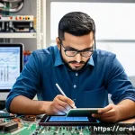 전자기기 취업 시 유리한 스킬 - A detailed workspace scene of a Middle Eastern electronics engineer analyzing complex circuit diagra...
