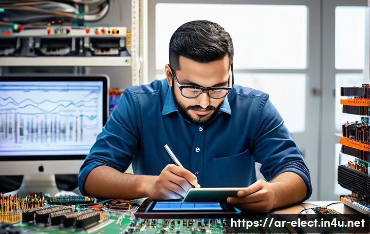 전자기기 취업 시 유리한 스킬 - A detailed workspace scene of a Middle Eastern electronics engineer analyzing complex circuit diagra...