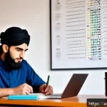 전자기기 자격증 합격 수기 - A young Arab male student studying electronics certification at a desk in a cozy, modern home office...