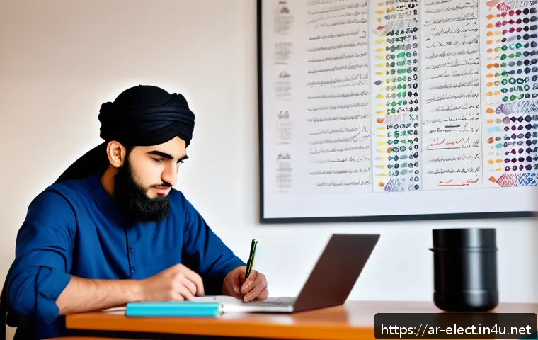 전자기기 자격증 합격 수기 - A young Arab male student studying electronics certification at a desk in a cozy, modern home office...
