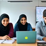 전자기기 관련 자격증 학습 커뮤니티 - A vibrant online Arabic electronics learning community scene, showing diverse young adult students e...
