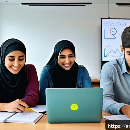 전자기기 관련 자격증 학습 커뮤니티 - A vibrant online Arabic electronics learning community scene, showing diverse young adult students e...