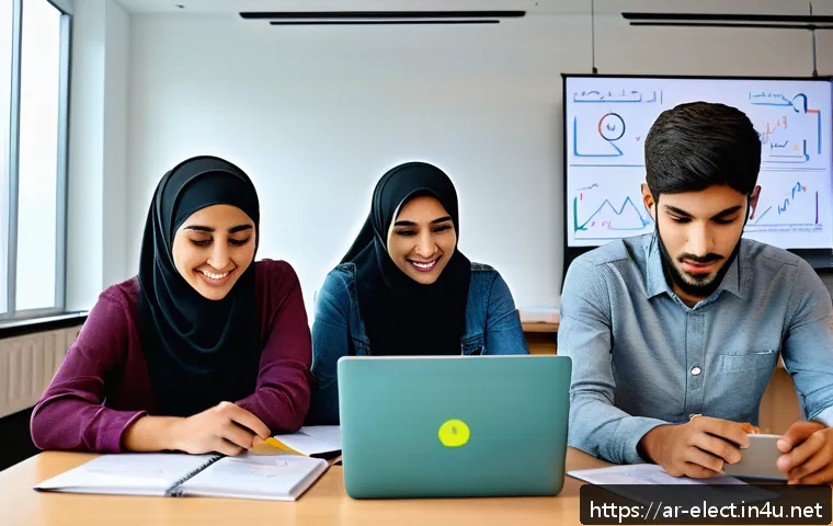 전자기기 관련 자격증 학습 커뮤니티 - A vibrant online Arabic electronics learning community scene, showing diverse young adult students e...