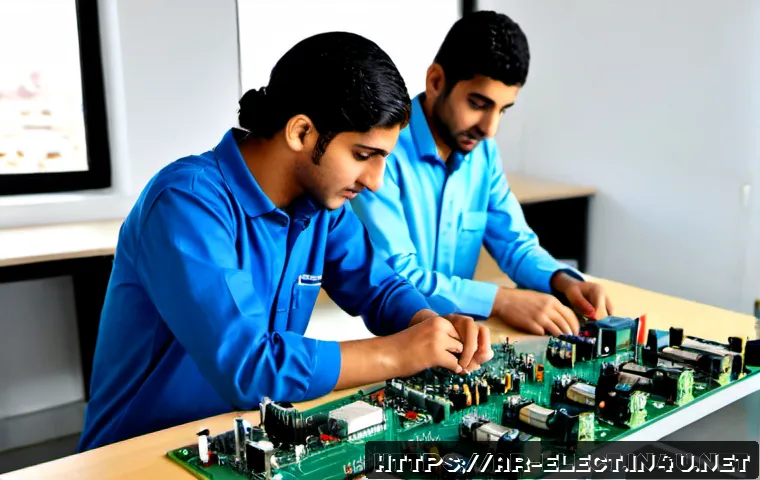 전자기기 자격증 난이도 비교 - Photorealistic educational comparison scene in a bright modern electronics training center in an Ara...